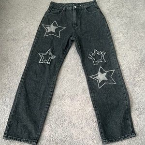 SHEIN High Waist Star Print Raw
Trim Straight Leg Jeans